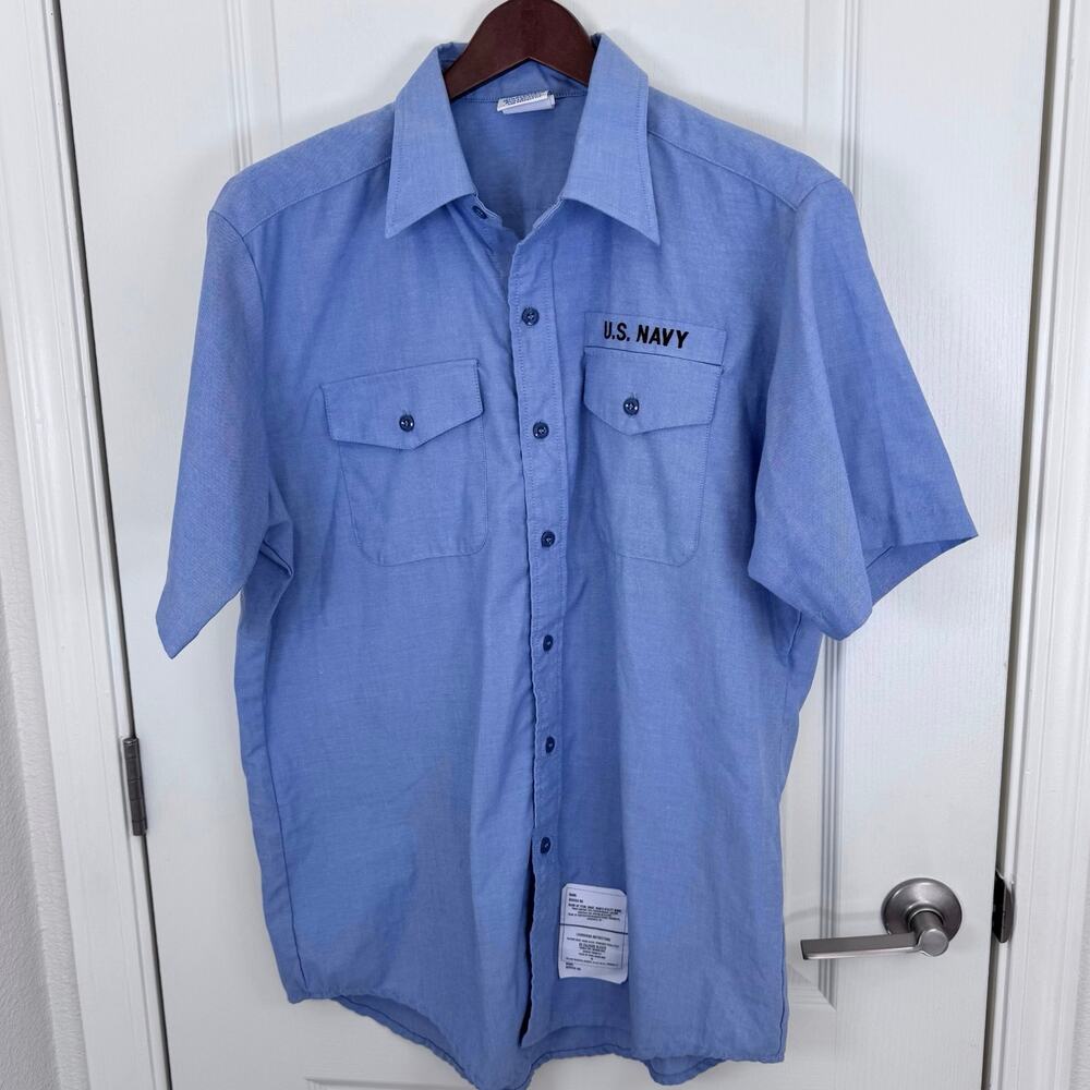 DSCP US Navy Embroidered Utility Short Sleeve Work Shirt ButtonUp Men’s XL Blue